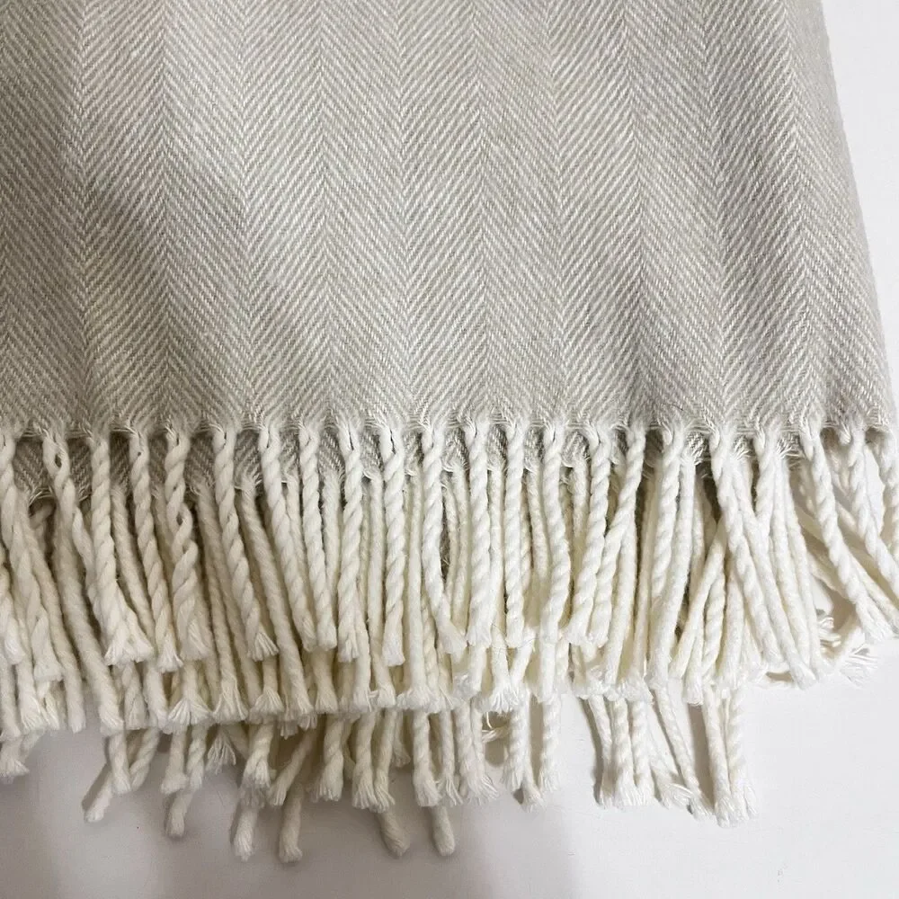 Lands Downunder Italian Herringbone Fringed Beige Throw Blanket Soft Italy